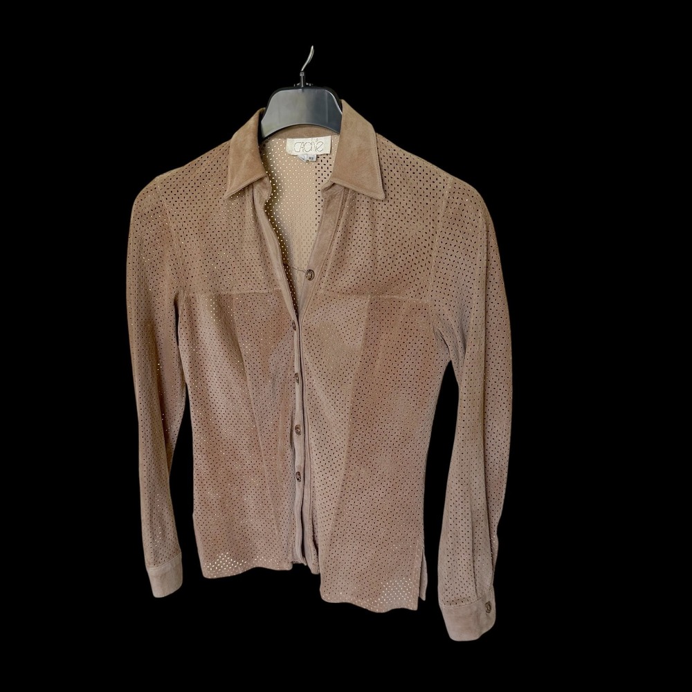 90's Cache Tan Genuine Suede‎ Leather Perforated Y2K Button Down Shirt XS Suede